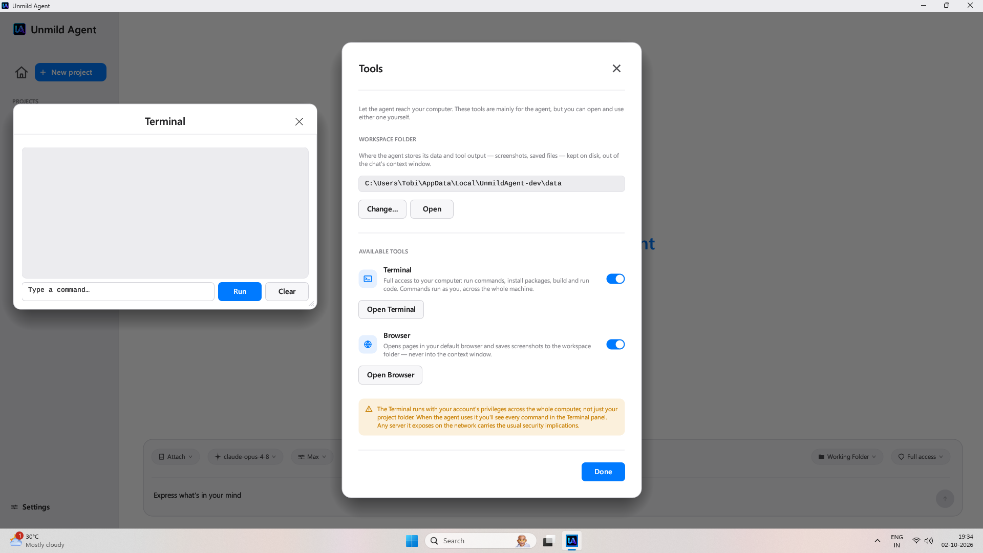Unmild Agent tools settings with the terminal, browser controls, and access information
