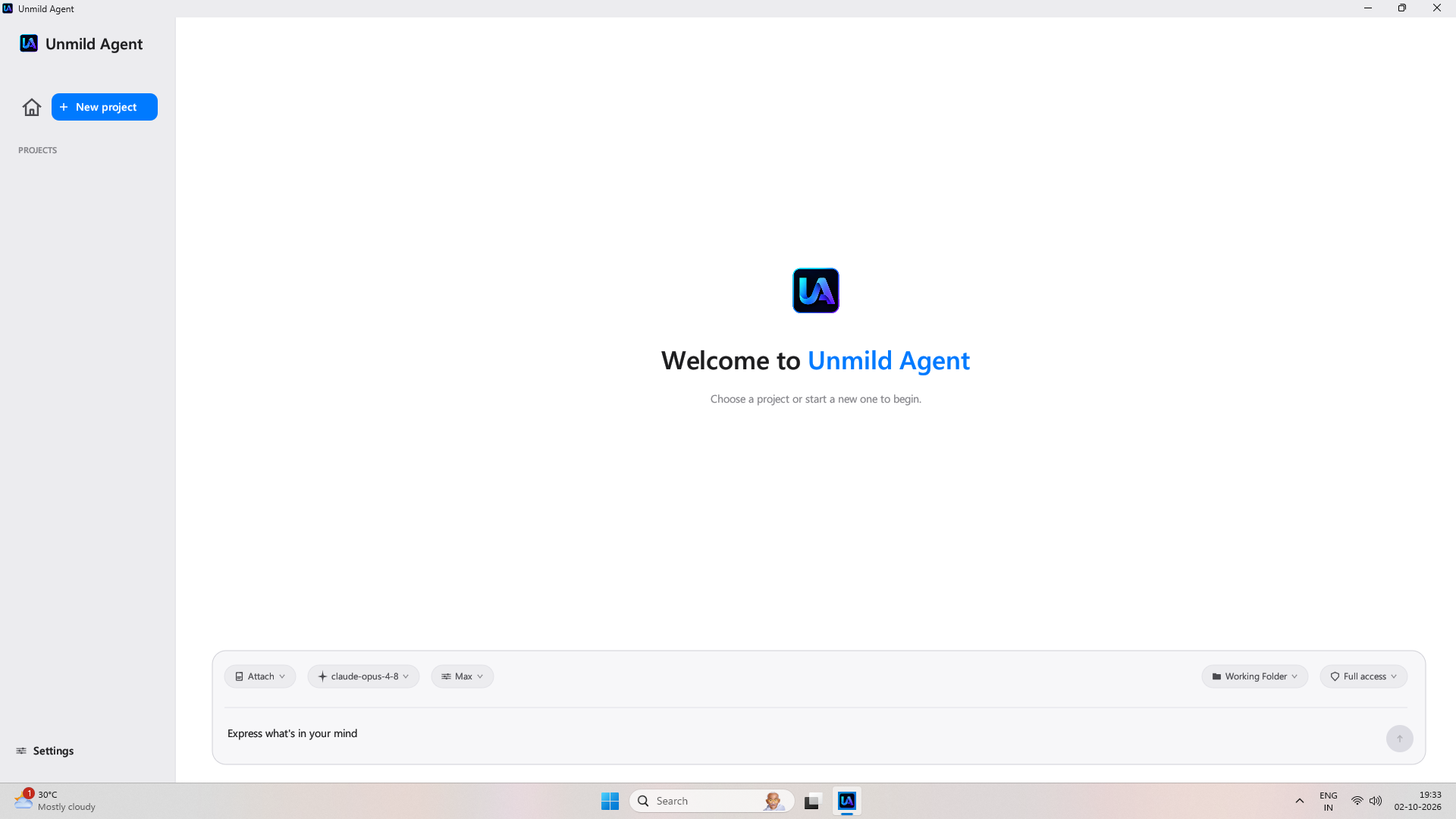 Unmild Agent desktop workspace with projects, model selection, and a task composer