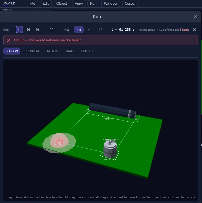 Unmild Designer showing a circuit board and components in the Live 3D Run view
