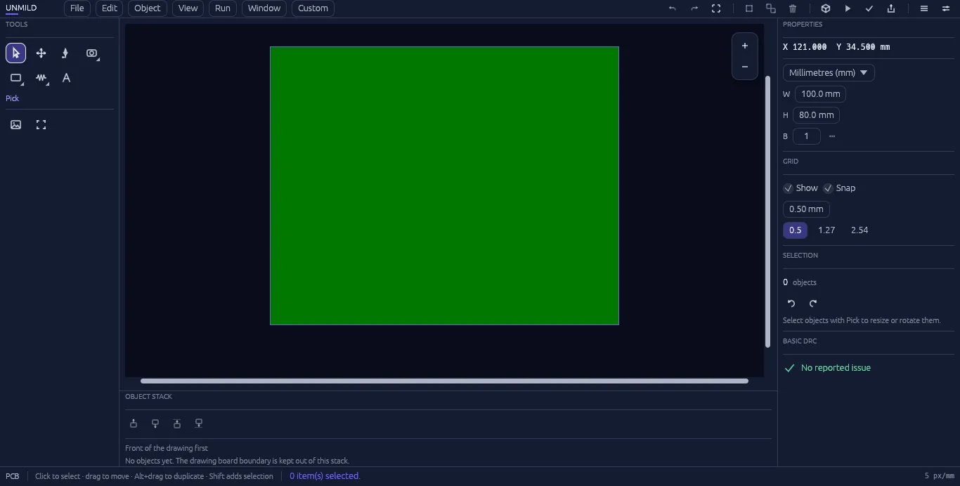 PCB canvas, board dimensions, layers, and editing tools in Unmild Designer